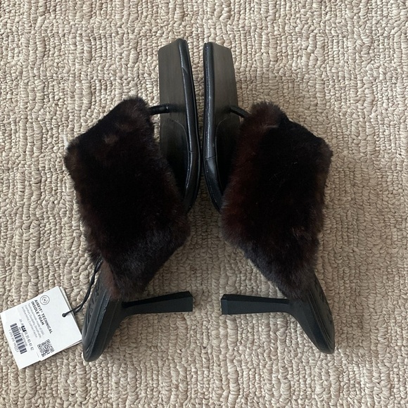Zara Black Squared Toe Faux Fur Mules Heeled Thong Sandals Heels Sz 6.5 - Picture 8 of 14